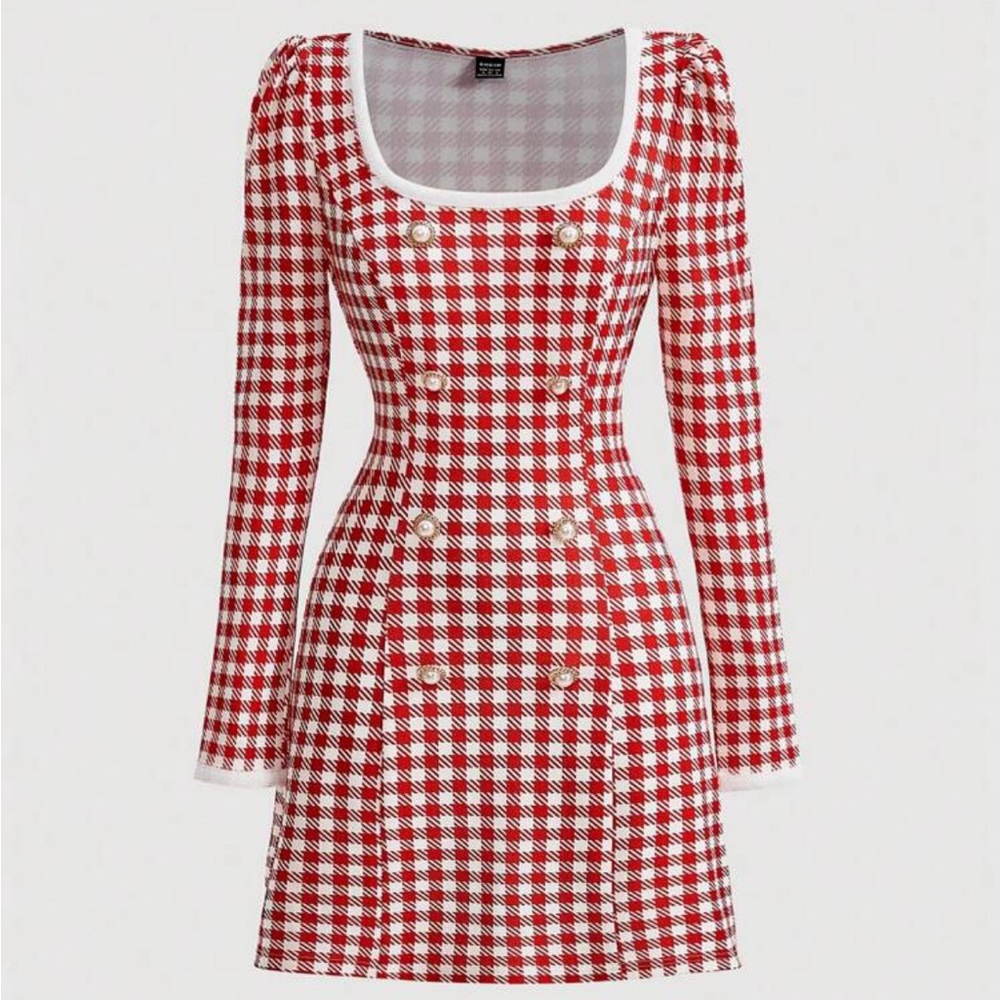 Red gingham square neck dress